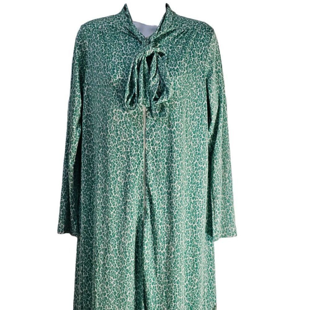 Vintage 70s House Coat Hostess Gown Womens Size Small Green Maxi Long Nylon - Picture 1 of 8